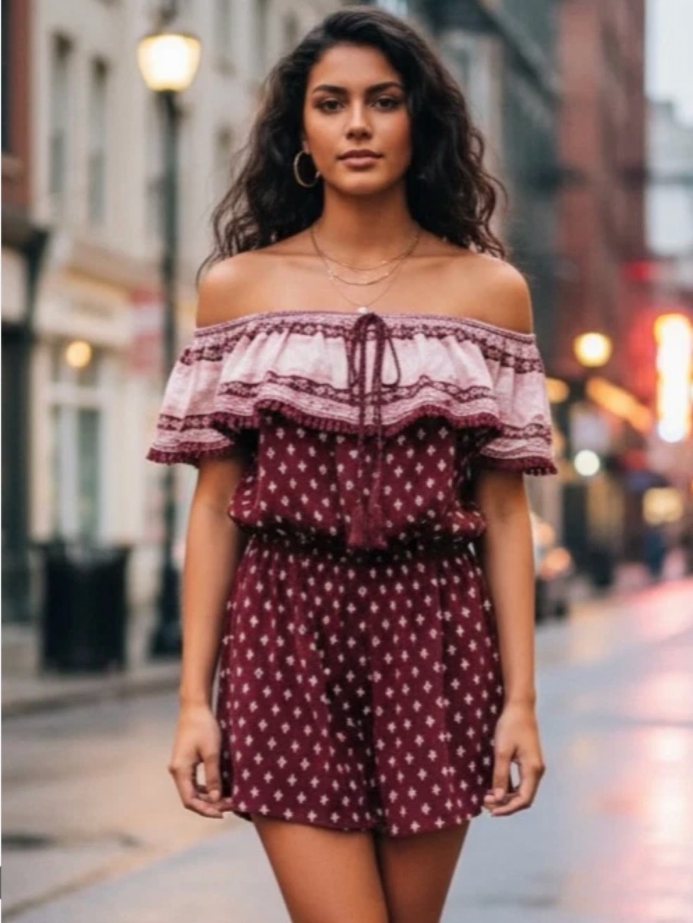 Derek Heart Maroon & Light Pink Off-Shoulder Romper with Tassel Tie